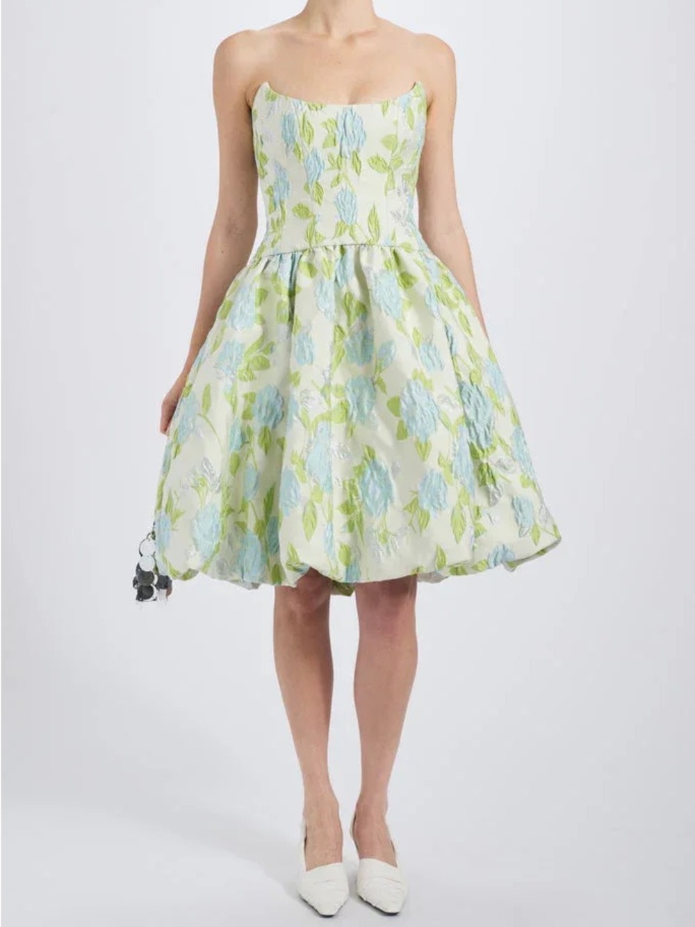 NWT Amsale Floral Jacquard Bubble Hem Dress Ice Floral Size 6 MSRP $1250
